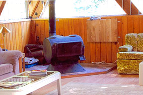 The great room with its wood-burning stove